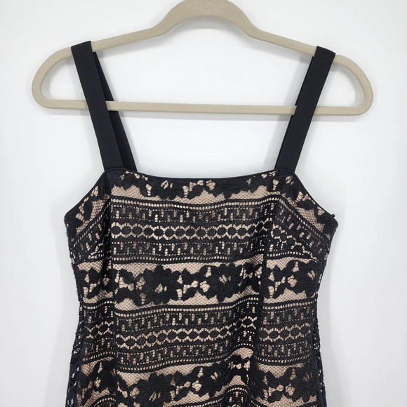 3/$25 R&M Richards Lace Cocktail Dress 6 Sheath Tiered Layered Square Neck Black - Picture 4 of 10